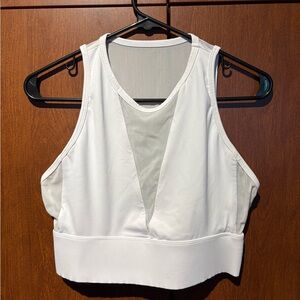Fabletics White High-Neck Midi Sports Bra with Mesh Cutouts